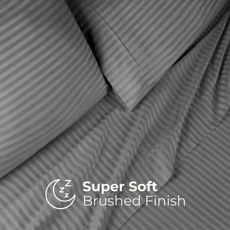 Pro Linen Basic 1Cm Satin Stripe Pure Cotton 210Tc 3Pc Bedding Set Queen Regular Size 275x225 Cm Charcoal 1 Bed Sheet 2 Pillow Covers - Image 5