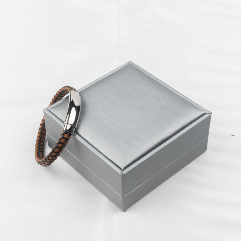 The Black Pearl Accessories Silver Stainless Steel & Leather Bangale Bracelet For Him - Image 2