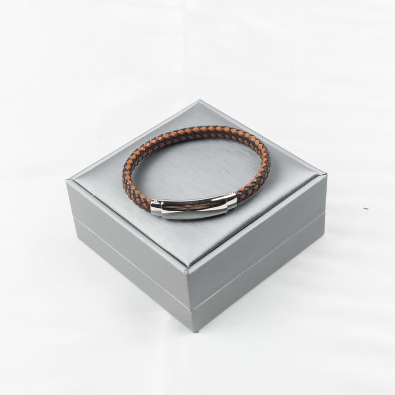 The Black Pearl Accessories Silver Stainless Steel & Leather Bangale Bracelet For Him - Image 1