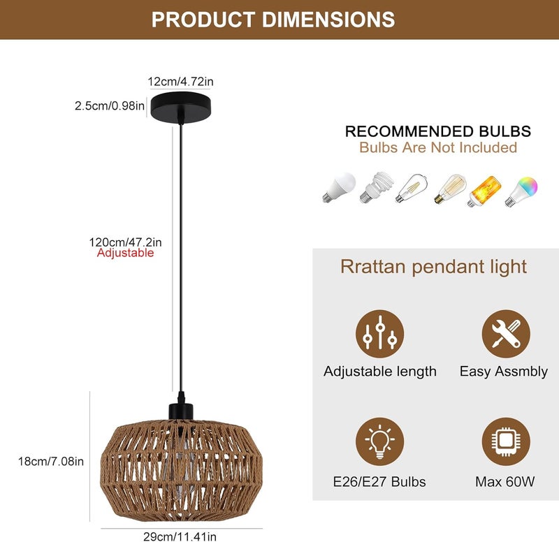 Garwarm Gawarm Rattan Pendant Light Fixture Ceiling Bohemian Chandelier rattan ceiling lamp Flush Mount Hanging Light Fixture Woven Lamp Shade ceiling light for Kitchen Island Hallway Bedroom Dinning 29cm - Image 3
