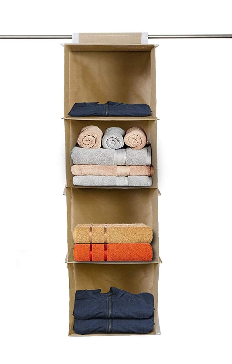 Kuber Industries 4 shelf Closet Organizer for Wardrobe|Non-woven Collapsible Wardrobe|Hanging Shelf for clothes|4 shelves Cloth Organizer (Beige) - Image 2