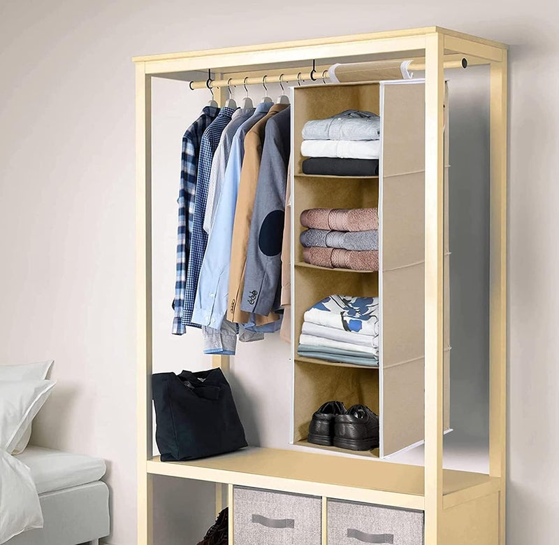 Kuber Industries 4 shelf Closet Organizer for Wardrobe|Non-woven Collapsible Wardrobe|Hanging Shelf for clothes|4 shelves Cloth Organizer (Beige) - Image 5