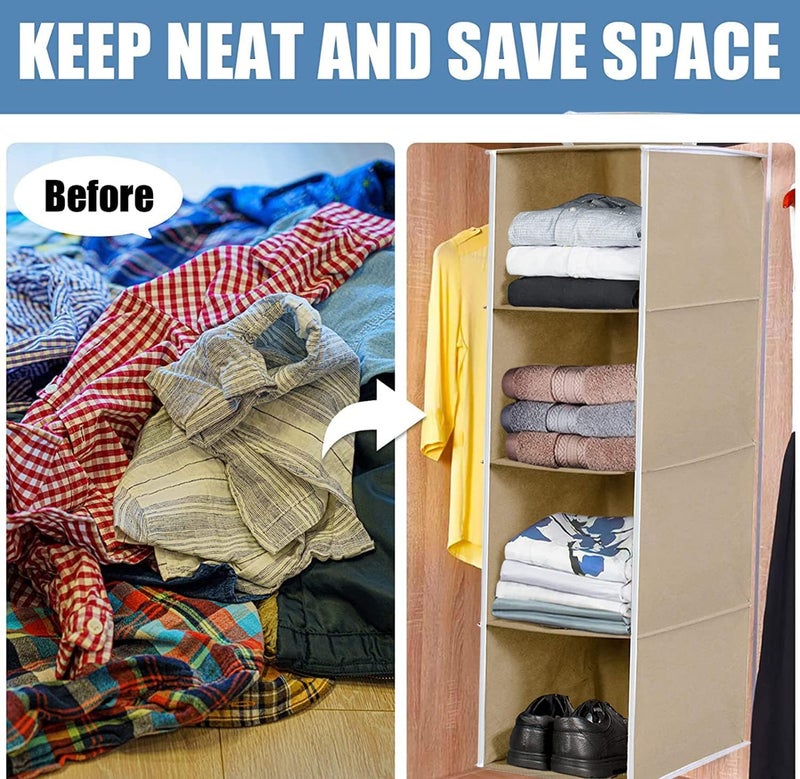 Kuber Industries 4 shelf Closet Organizer for Wardrobe|Non-woven Collapsible Wardrobe|Hanging Shelf for clothes|4 shelves Cloth Organizer (Beige) - Image 4