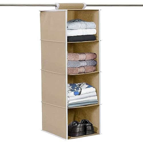 Kuber Industries 4 shelf Closet Organizer for Wardrobe|Non-woven Collapsible Wardrobe|Hanging Shelf for clothes|4 shelves Cloth Organizer (Beige) - Image 1