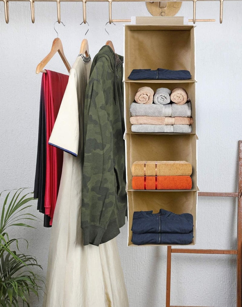 Kuber Industries 4 shelf Closet Organizer for Wardrobe|Non-woven Collapsible Wardrobe|Hanging Shelf for clothes|4 shelves Cloth Organizer (Beige) - Image 3
