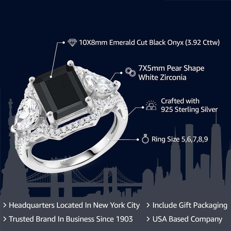 Gem Stone King 925 Sterling Silver Black Onyx Ring For Women (3.92 Cttw, Emerald Cut 10X8MM, Gemstone December Birthstone, Available In Size 5, 6, 7, 8, 9) - Image 2