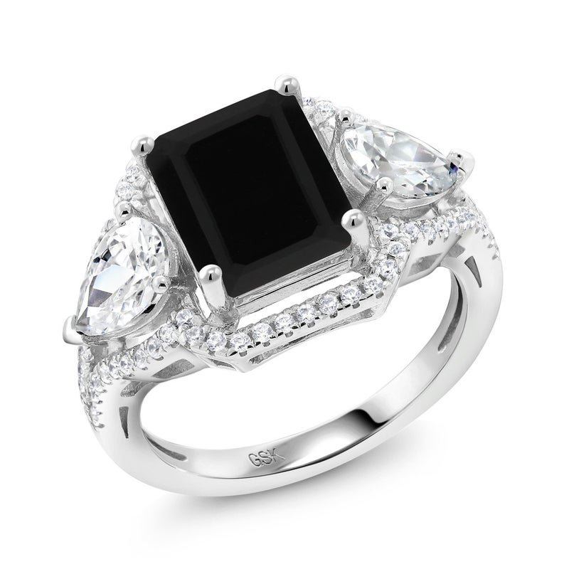 Gem Stone King 925 Sterling Silver Black Onyx Ring For Women (3.92 Cttw, Emerald Cut 10X8MM, Gemstone December Birthstone, Available In Size 5, 6, 7, 8, 9) - Image 1