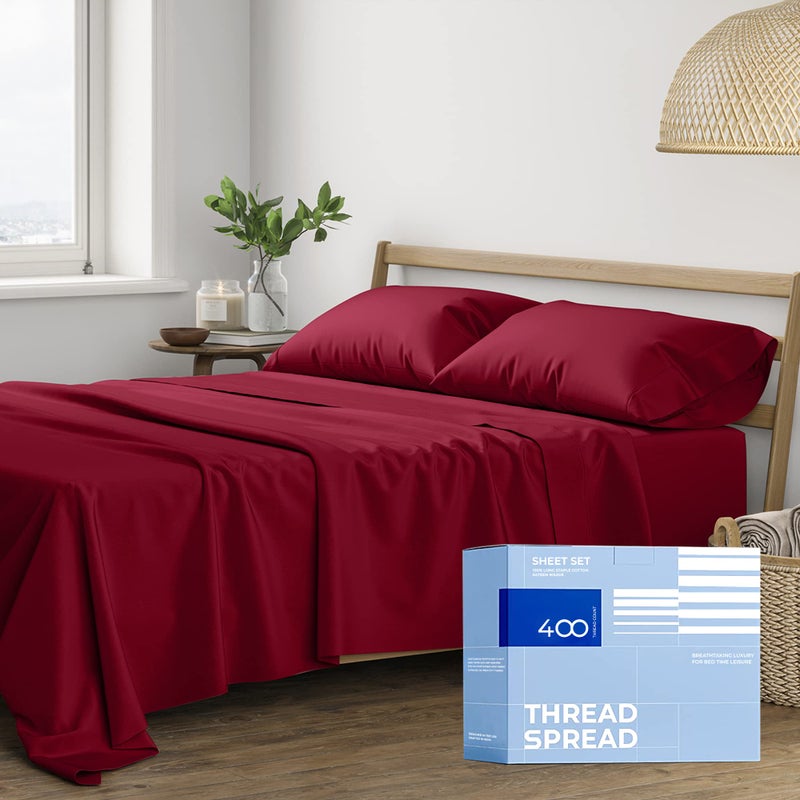 Thread Spread 100 Cotton Bed Sheets Queen Set  400 Thread Count Cotton Queen Sheets Only 4 PC Set Burgundy Ultra Soft Breathable Cooling Sateen Weave 16 Deep Pocket Bedsheet for Hot Sleepers