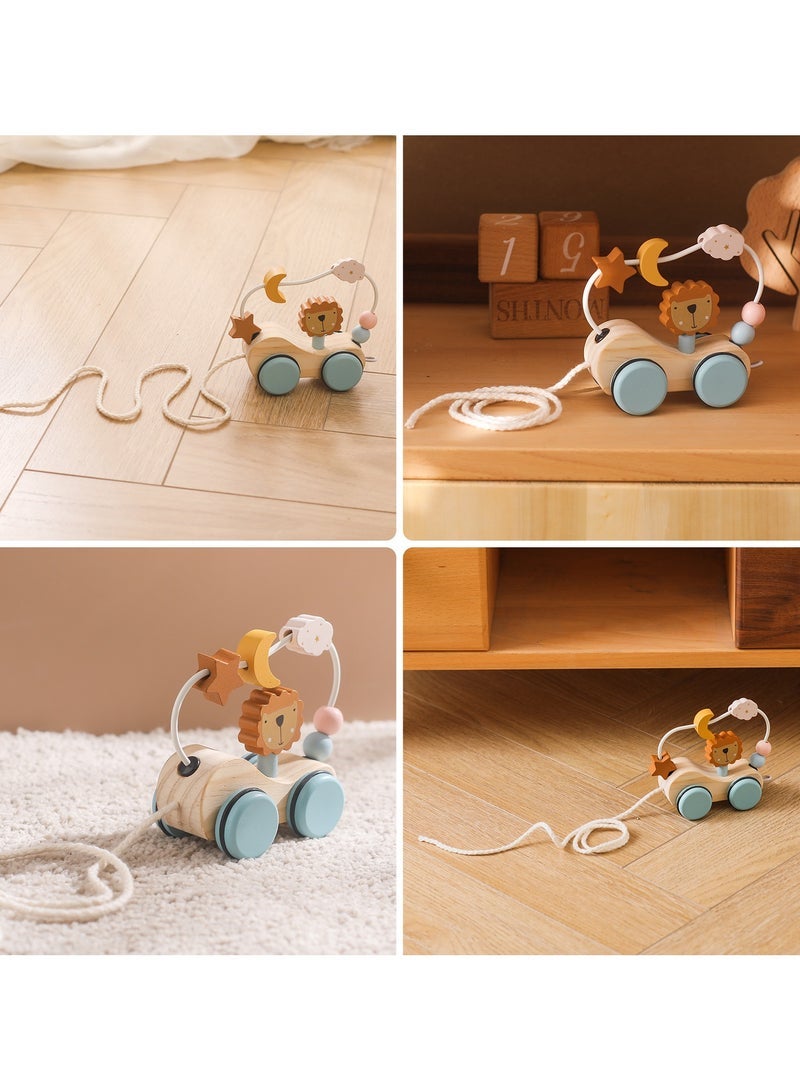 general Wooden Early Education Lion Bead Maze Pull Cart Multifunctional Animal String Bead Toy with Pull Rope Burr-Free Montessori Toy for Toddlers - Image 2