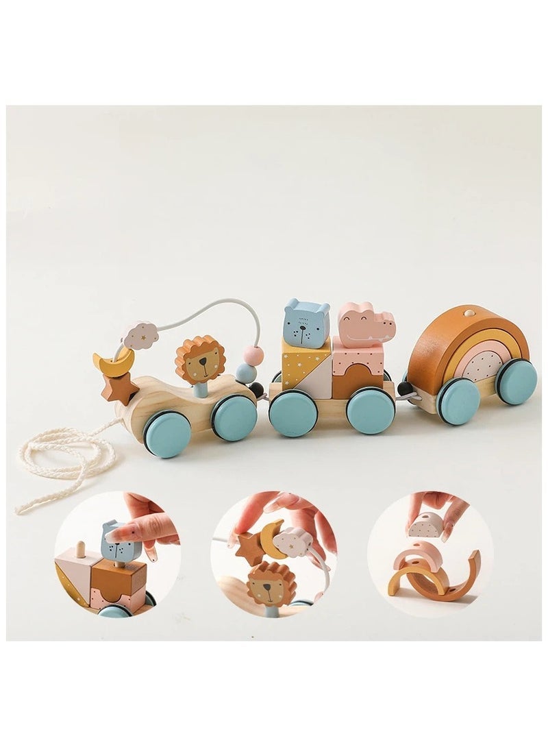 general Wooden Early Education Lion Bead Maze Pull Cart Multifunctional Animal String Bead Toy with Pull Rope Burr-Free Montessori Toy for Toddlers - Image 4