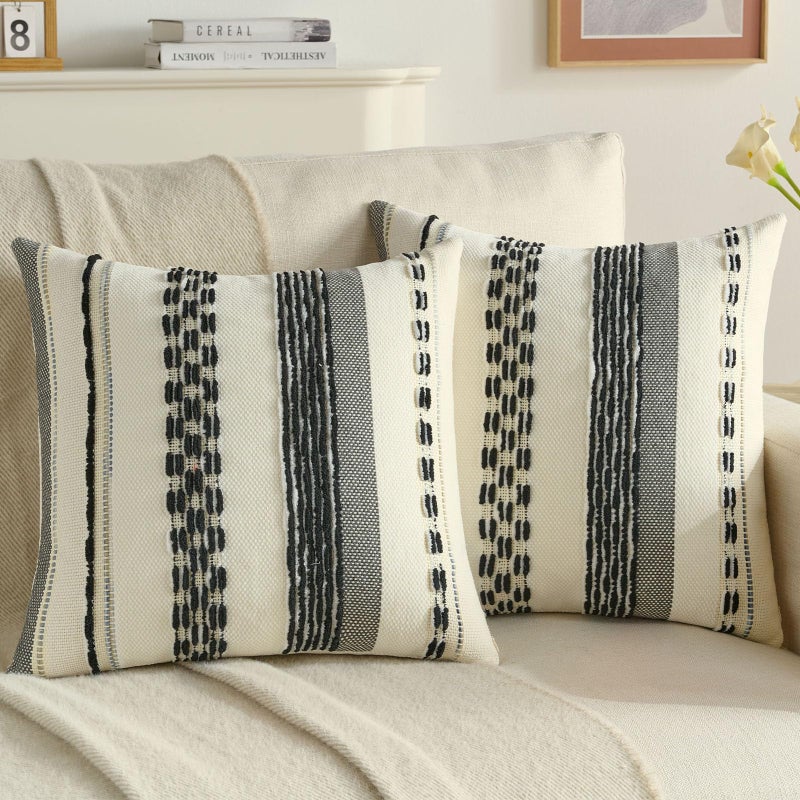 FUTEI Black White Decorative Throw Pillow Covers 18x18 Inch Set of 2, Soft Tufted Striped Textured Accent Cushion Case,Boho Pillows for Couch Decor - Image 1