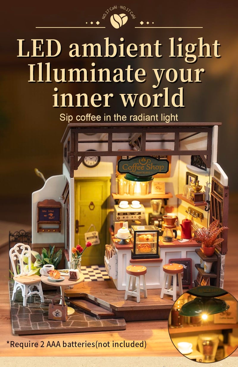 Rowood Coffee Miniature House Kit, DIY Miniature Dollhouse Kits Gifts for Adults to Build, Wooden Adults Crafts, Mini Model Kits with LED, Birthday for Adult(NO.17 Cafe) - Image 4