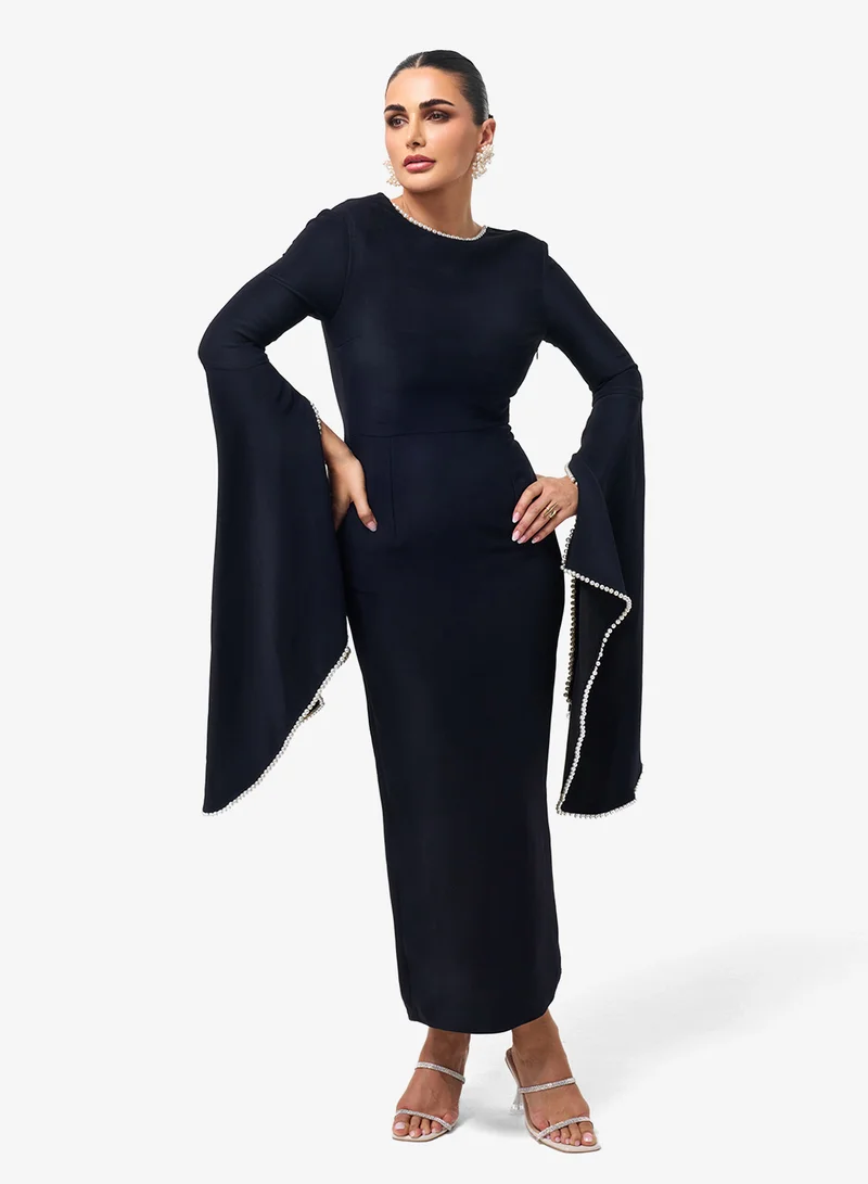 Threadz By Ajooni  Flared Sleeve Crew Neck Midi Dress for Women | Best Price UAE