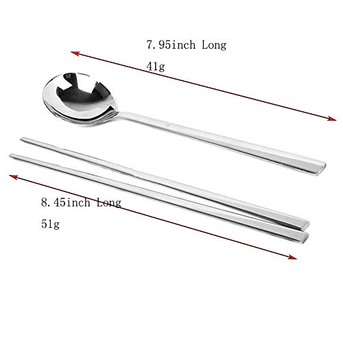 YAPULLYA Polished Stainless Steel Spoons and Chopsticks Set, Korean Chopsticks and Spoons tableware with long-hand, Reusable, set of 3-silver - Image 2