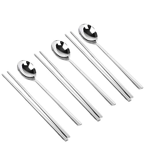 YAPULLYA Polished Stainless Steel Spoons and Chopsticks Set, Korean Chopsticks and Spoons tableware with long-hand, Reusable, set of 3-silver - Image 1