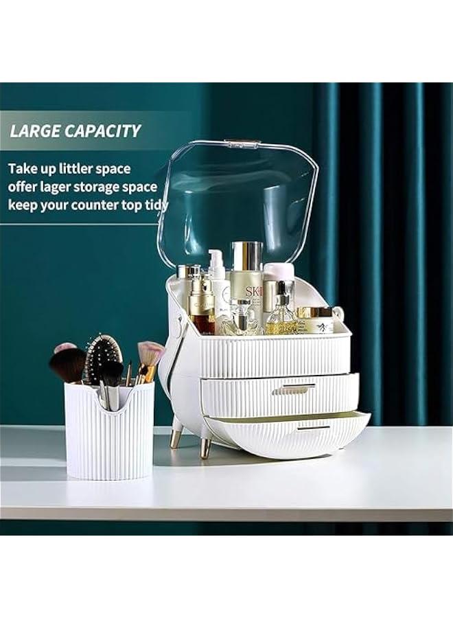 هوكور منظم مكياج كبير مع ادراج من بايبي، حافظة عرض مستحضرات التجميل مقاومة للغبار والماء، مناسبة لسطح طاولة الحمام وخزانة ملابس غرفة النوم (ابيض، صندوق تخزين + حامل فرشاة) - Image 3