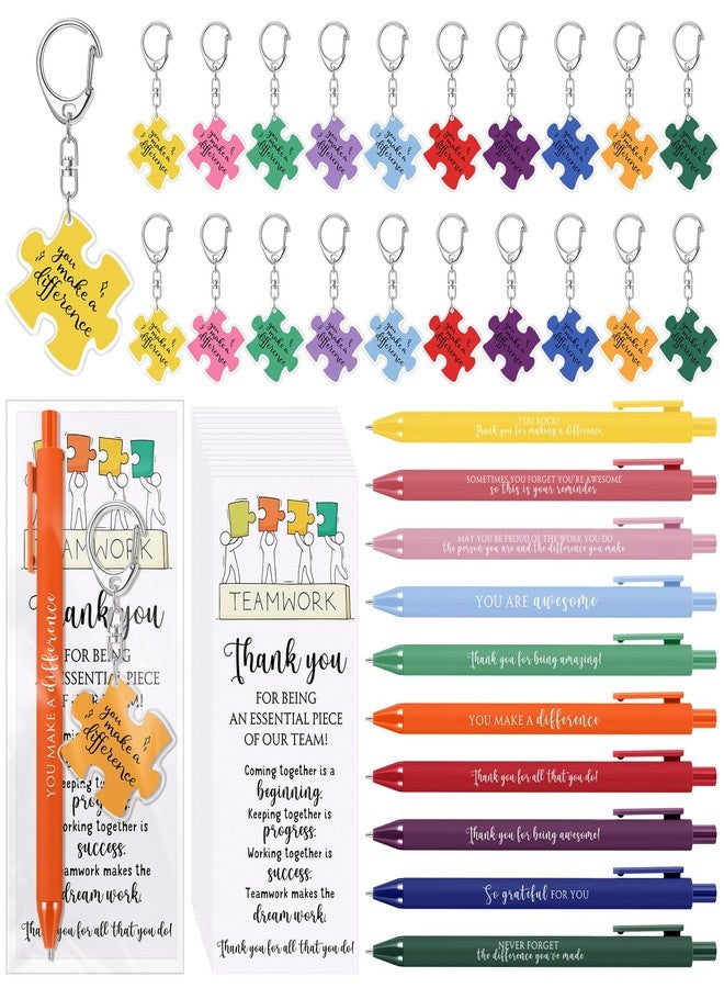 Dunzoom Employee Appreciation Gifts Bulk for Workplace Coworker Office Staff Teacher Nurse Doctor Social Worker Team Work Puzzle Piece Keychains & Thank You Pens(18 Set,You Make A Difference) - Image 1