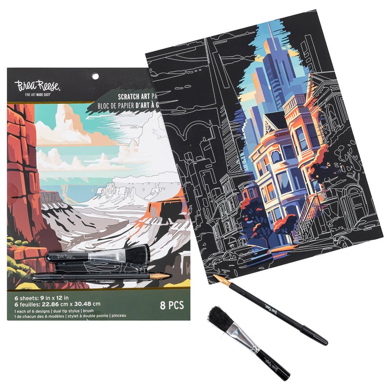 Brea Reese: Scratch Art Paper Pad - Destinations - 6 Designs, Metallic Guided Art, Dual-Tip Stylus & Brush, Easy-to-Frame 9x12 Pages, Adult Craft Kit - Image 3