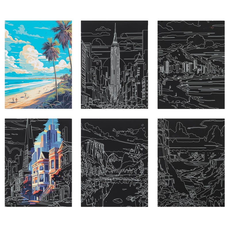 Brea Reese: Scratch Art Paper Pad - Destinations - 6 Designs, Metallic Guided Art, Dual-Tip Stylus & Brush, Easy-to-Frame 9x12 Pages, Adult Craft Kit - Image 4