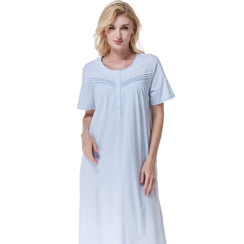 Keyocean Women Nightgowns, Soft Comfortable Lightweight Cotton Short Sleeves Ladies Nightdress, Light Blue, X-Large - Image 3