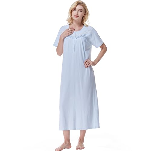 Keyocean Women Nightgowns, Soft Comfortable Lightweight Cotton Short Sleeves Ladies Nightdress, Light Blue, X-Large - Image 4
