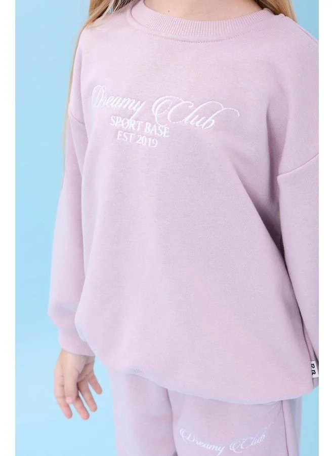 Perendi Girl's Dreamy Embroidered Polo Collar Seasonal Top and Bottom Set in Light Pink.