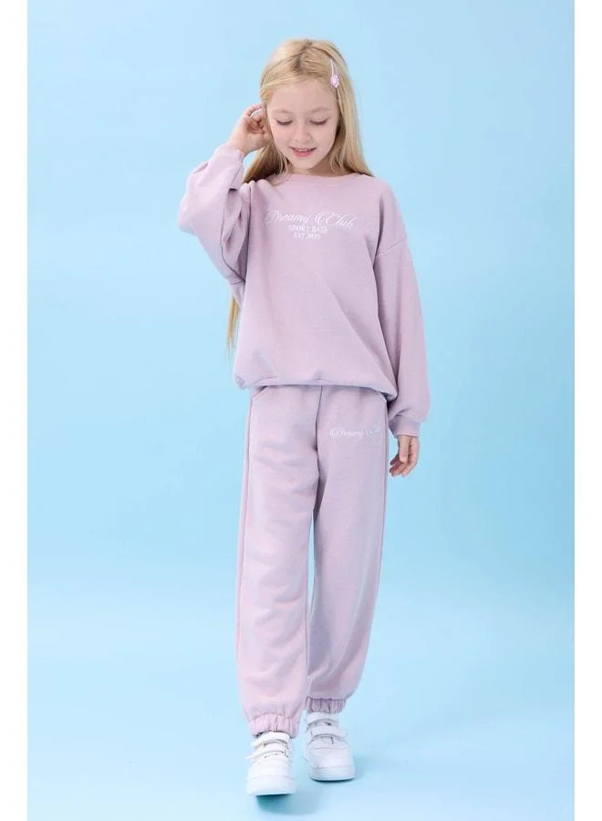 Perendi Girl's Dreamy Embroidered Polo Collar Seasonal Top and Bottom Set in Light Pink.