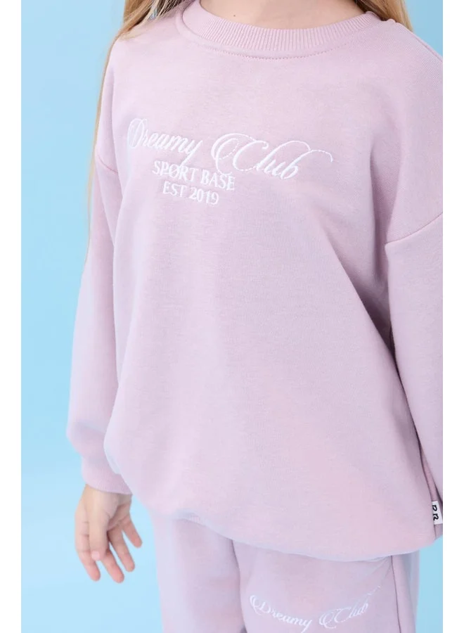 Perendi Girl's Dreamy Embroidered Polo Collar Seasonal Top and Bottom Set in Light Pink.