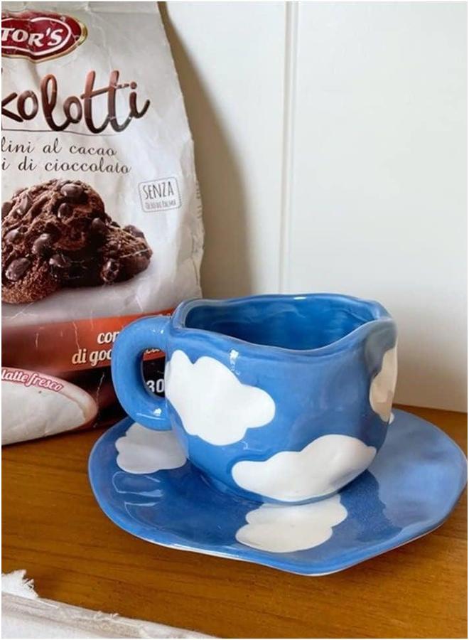 HOMESTAR Blue Ceramic Cup and Saucer,Coffee Mug Set,Tea Cup, Drinking Utensil Creative Drinkware with White Clouds Pattern 300ml  - Image 1