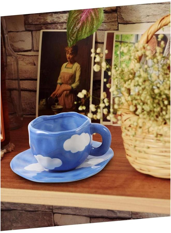 HOMESTAR Blue Ceramic Cup and Saucer,Coffee Mug Set,Tea Cup, Drinking Utensil Creative Drinkware with White Clouds Pattern 300ml  - Image 3