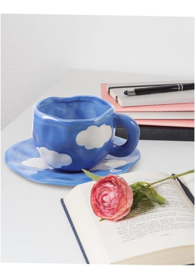 HOMESTAR Blue Ceramic Cup and Saucer,Coffee Mug Set,Tea Cup, Drinking Utensil Creative Drinkware with White Clouds Pattern 300ml  - Image 2