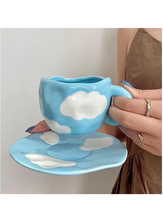 HOMESTAR Blue Ceramic Cup and Saucer,Coffee Mug Set,Tea Cup, Drinking Utensil Creative Drinkware with White Clouds Pattern 300ml  - Image 5