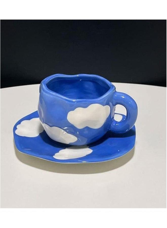 HOMESTAR Blue Ceramic Cup and Saucer,Coffee Mug Set,Tea Cup, Drinking Utensil Creative Drinkware with White Clouds Pattern 300ml  - Image 4