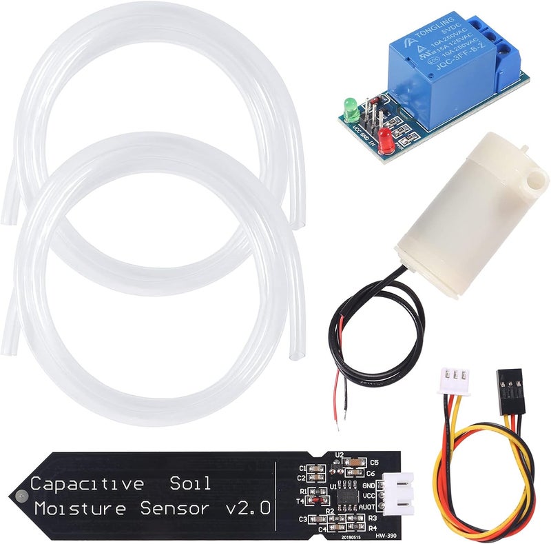 UMLIFE Automatic Irrigation DIY Kit Self Watering System Capacitive Soil Moisture Sensor 1 Channel 5V Relay Module and Water Pump with 2pcs 1M Vinyl Tubing for Arduino Moisture Detection Garden Watering DIY  - Image 1