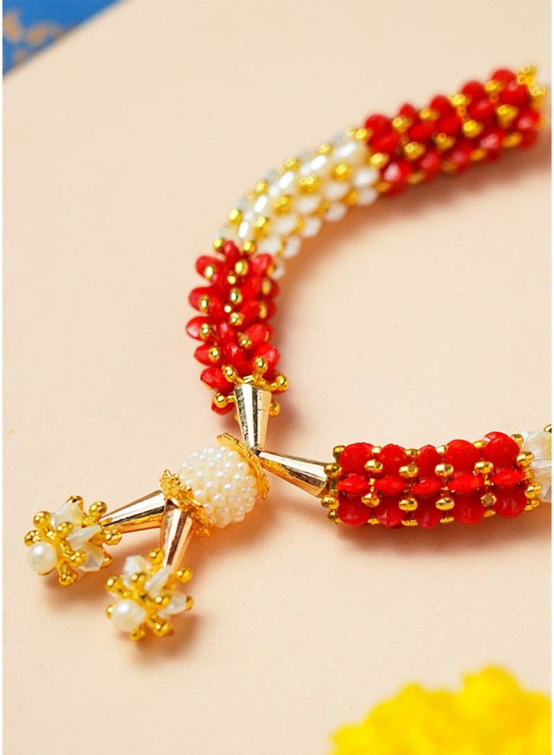 Madhoor Bead Decorative Pooja Garland (Haar Mala) Red White for Pooja, Temple Decor & Weddings, 4.5 Inches, 1 Piece - Image 3