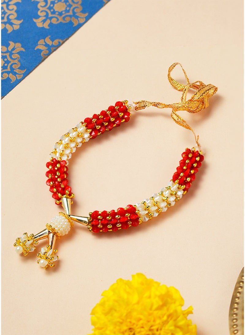 Madhoor Bead Decorative Pooja Garland (Haar Mala) Red White for Pooja, Temple Decor & Weddings, 4.5 Inches, 1 Piece - Image 2