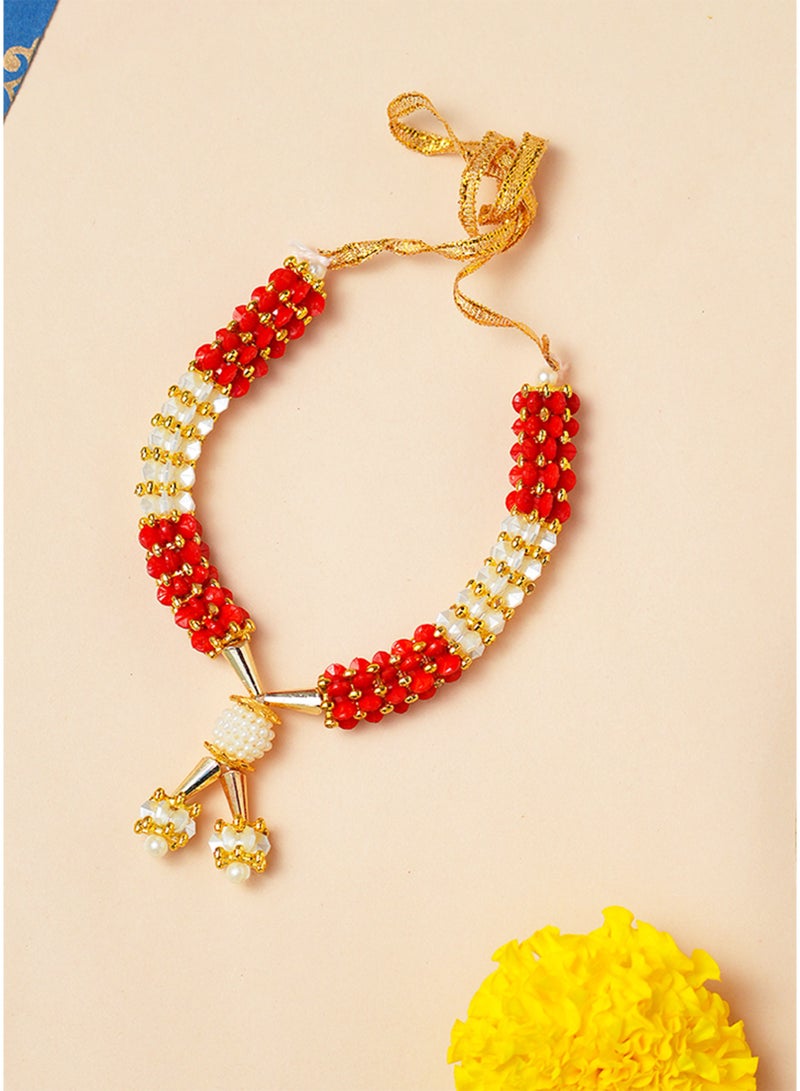 Madhoor Bead Decorative Pooja Garland (Haar Mala) Red White for Pooja, Temple Decor & Weddings, 4.5 Inches, 1 Piece - Image 1