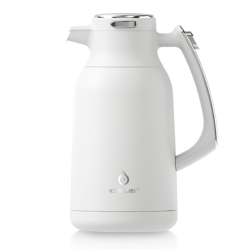 ideus IDEUS 68 oz Stainless Steel Thermal Coffee Carafe Double Wall Insulated Vacuum Flask Water Coffee and Beverage Dispenser 12 Hour Heat 24 Hour Cold Retention White 
