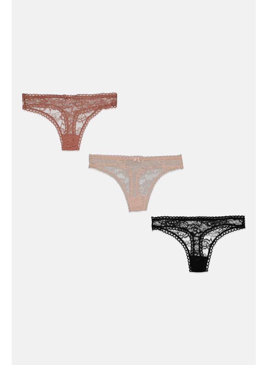 French Affair Women 3 Piece Textured Lace Pull On Panty, Black  - Image 3