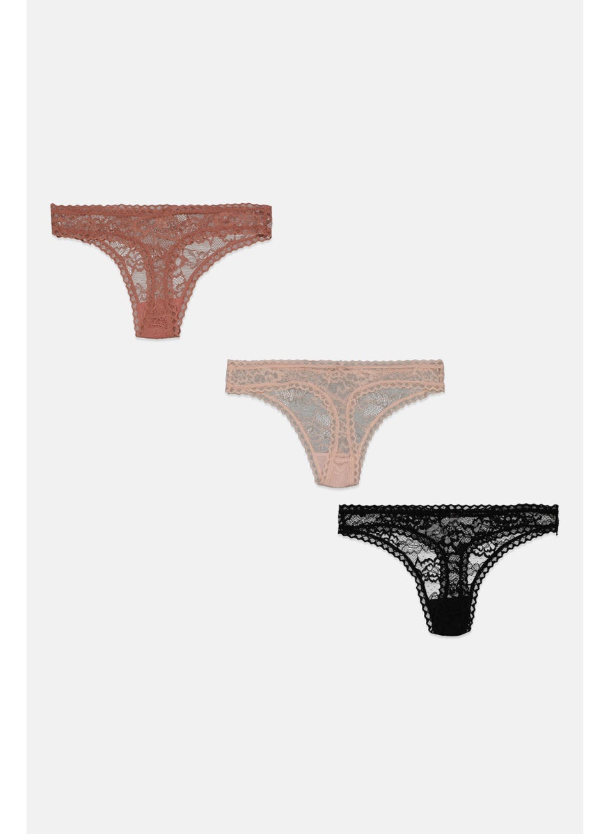 French Affair Women 3 Piece Textured Lace Pull On Panty, Black  - Image 2