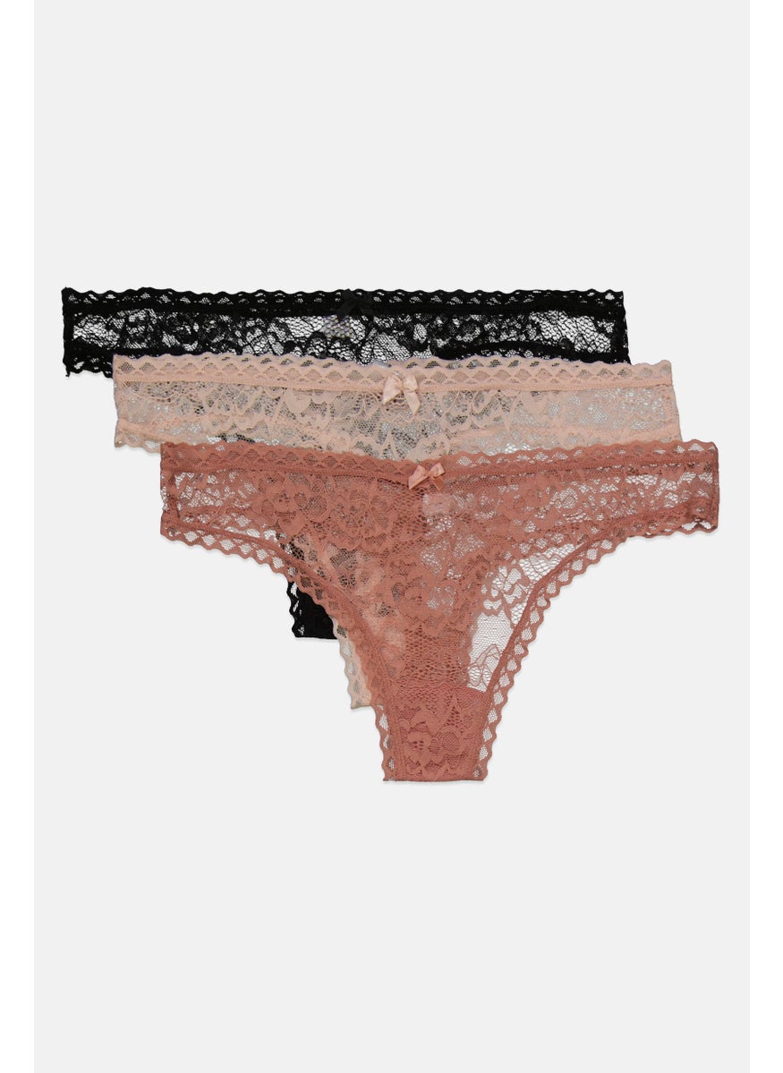 French Affair Women 3 Piece Textured Lace Pull On Panty, Black  - Image 1
