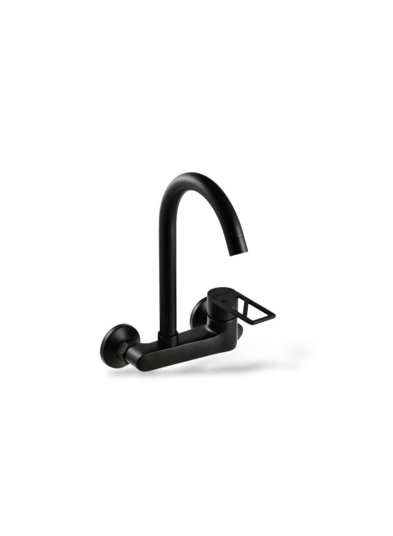 JAMS Matte Black Wall-Mounted Kitchen Faucet – Premium Single Lever Mixer Tap with High Arc Swivel Spout