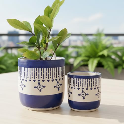 Niyara Ceramic Combo planters Pot for Home Garden Balcony Set of 2, Apple 6 & 4 inch (Blue Chivarly) - Image 1