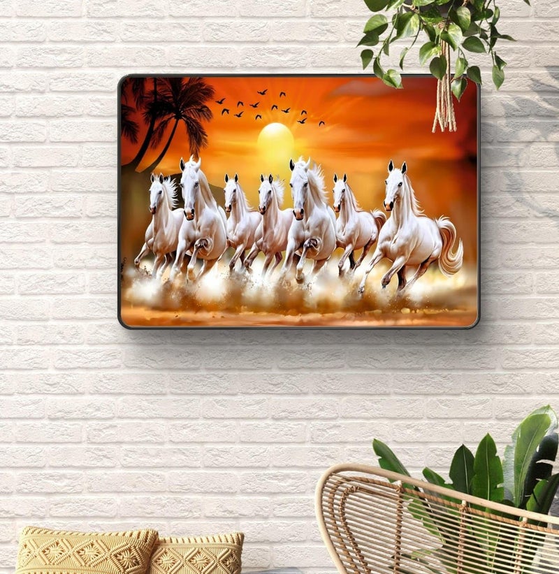 SAF SAF 7 Running Horses at Sunrise Vastu Wall Painting with Frame - Sparkle Glossy Round Black Framed Large Painting for Office, Living Room, Bedroom, Home Wall Decoration Animals Painting (Multicolour, 14 x 10 inch)  - Image 2