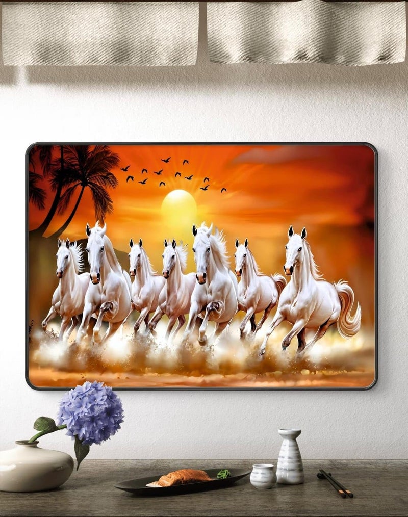 SAF SAF 7 Running Horses at Sunrise Vastu Wall Painting with Frame - Sparkle Glossy Round Black Framed Large Painting for Office, Living Room, Bedroom, Home Wall Decoration Animals Painting (Multicolour, 14 x 10 inch)  - Image 5