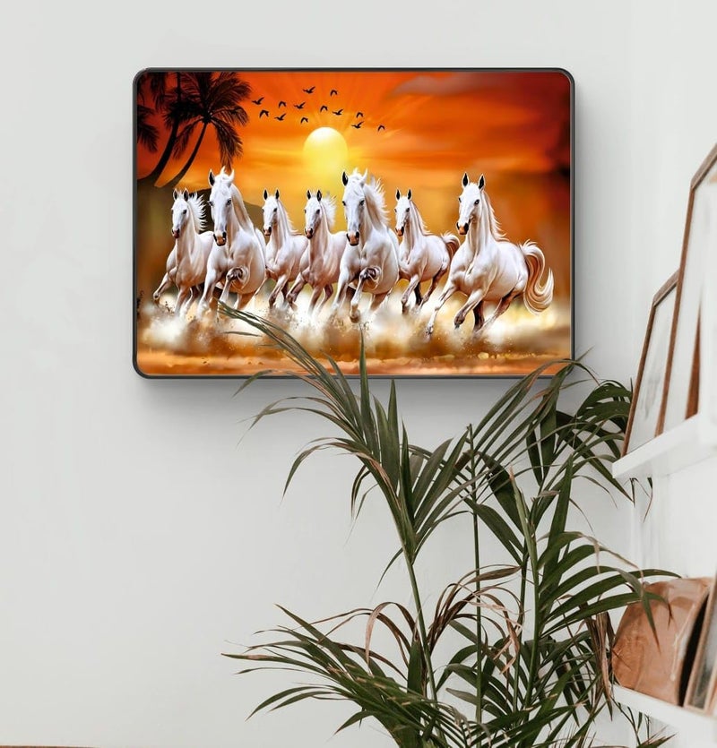 SAF SAF 7 Running Horses at Sunrise Vastu Wall Painting with Frame - Sparkle Glossy Round Black Framed Large Painting for Office, Living Room, Bedroom, Home Wall Decoration Animals Painting (Multicolour, 14 x 10 inch)  - Image 3