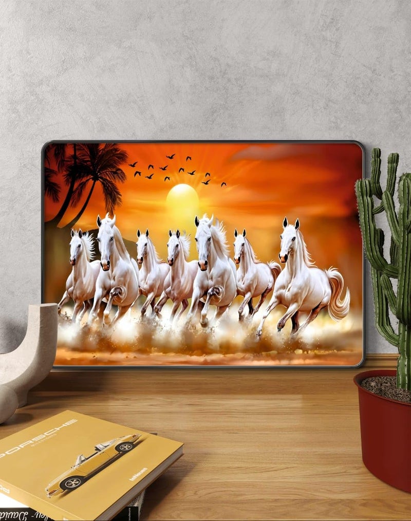 SAF SAF 7 Running Horses at Sunrise Vastu Wall Painting with Frame - Sparkle Glossy Round Black Framed Large Painting for Office, Living Room, Bedroom, Home Wall Decoration Animals Painting (Multicolour, 14 x 10 inch)  - Image 4