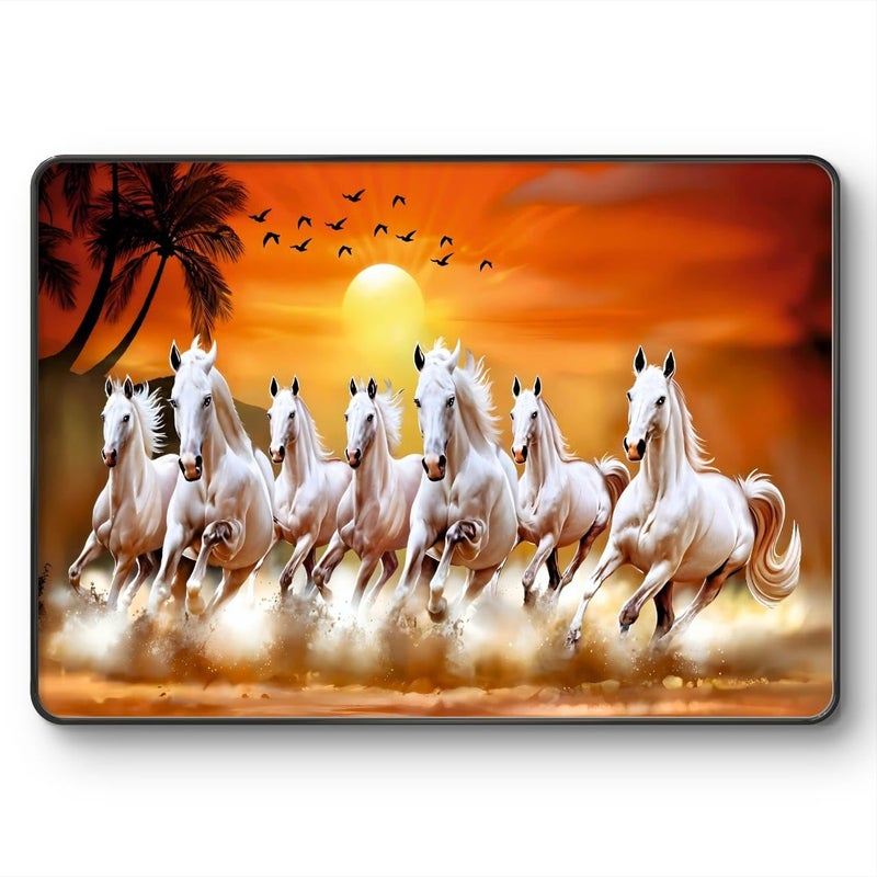SAF SAF 7 Running Horses at Sunrise Vastu Wall Painting with Frame - Sparkle Glossy Round Black Framed Large Painting for Office, Living Room, Bedroom, Home Wall Decoration Animals Painting (Multicolour, 14 x 10 inch)  - Image 1