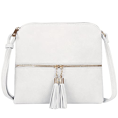 SG SUGU Lightweight Medium Crossbody Bag Shoulder Bag with Tassel and Zipper Pocket (White) - Image 1