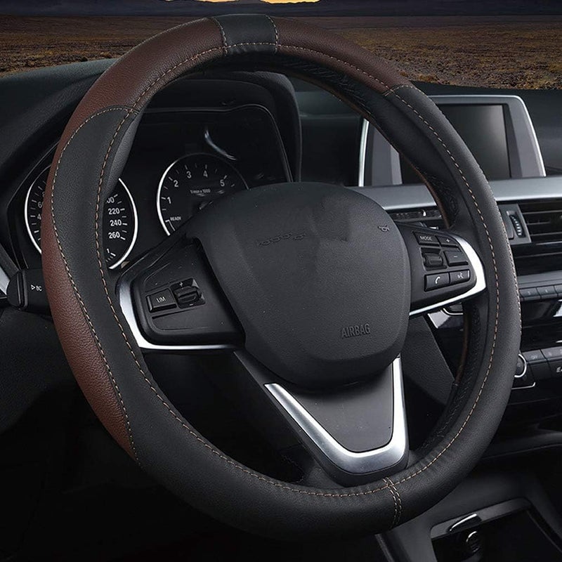 Coofig Durable PU Leather Steering Wheel Cover, Universal 15 Inch, Breathable and Non-Slip Car Steering Wheel Cover, Steering Wheel Cover for Men and Women (Black Coffee) - Image 1
